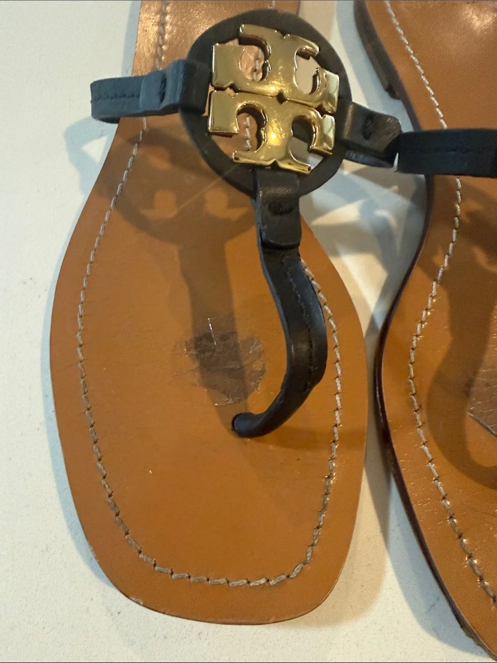 Tory Burch Black Leather Thong Sandals with Gold Logo